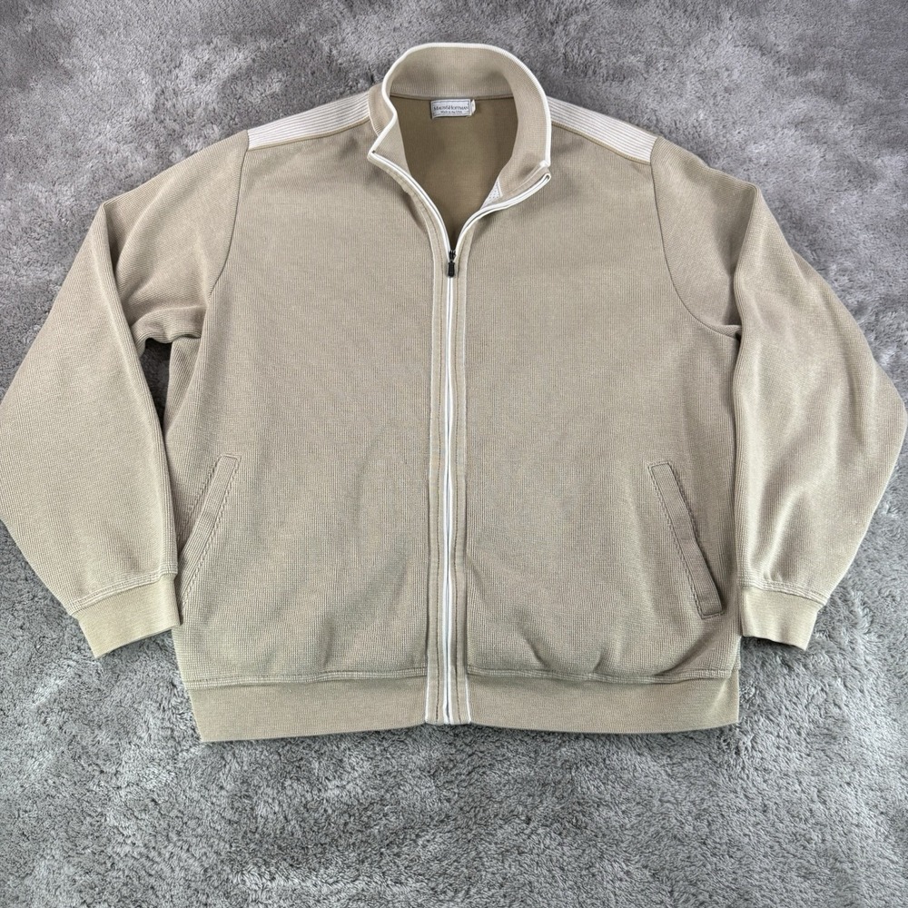 Maus & Hoffman Sweater Jacket Mens L Beige Full Zip USA Cotton Blend - FLAW